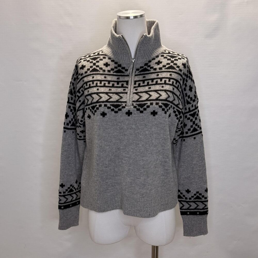 360 Cashmere Sweater Womens Large Gray Fair Isle 1/4 Zip Wool Cashmere Ski